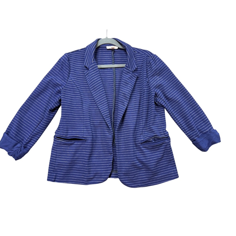 Skies Are Blue Blazer Womens Large Blue Excellent Striped Ruched Sleeve Knit